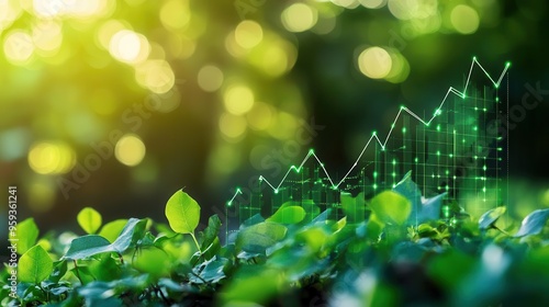Abstract financial growth chart intertwined with green vines, soft bokeh, eco-conscious finance, growth potential