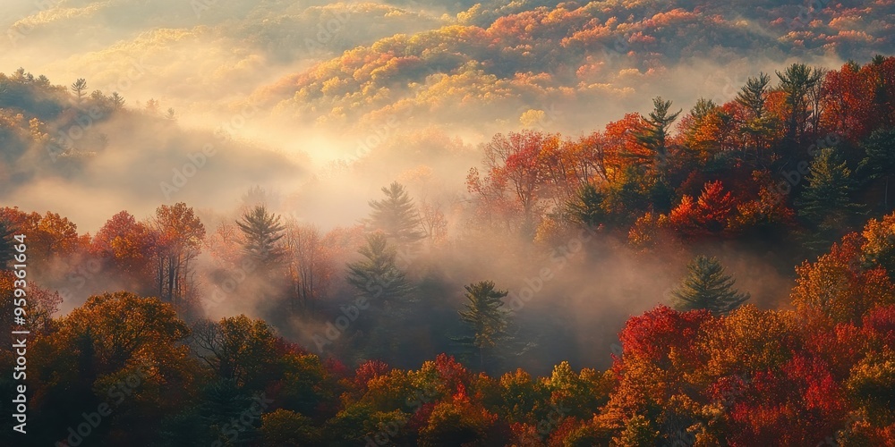 Obraz premium Misty hills covered in fall colors 