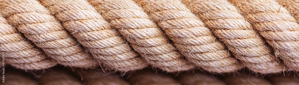 Fototapeta premium Closeup of a weathered rope with frayed fibers and visible wear, captured in warm, natural lighting to enhance the tactile quality