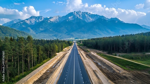 drone shot of the highway construction from Krakow to Zakopane in the summer The road will lead into the Polish Tatra Mountains : Generative AI