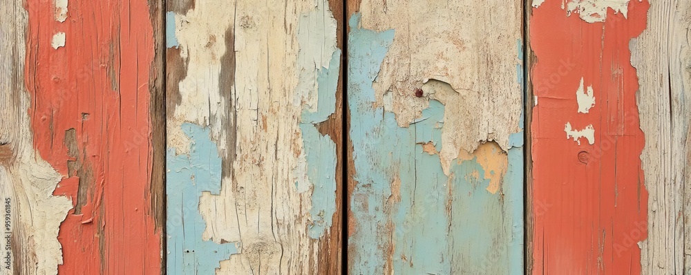 Peeling paint on an old wooden door, with layers of colors and rough textures exposed, creating a rustic, weathered backdrop Peeling paint on an old wooden door, with layers of colors and rough textures exposed, creating a rustic, weathered backdrop