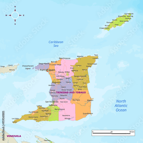 Trinidad and Tobago political map with capital , cities, towns, national borders, rivers and lakes. labeling