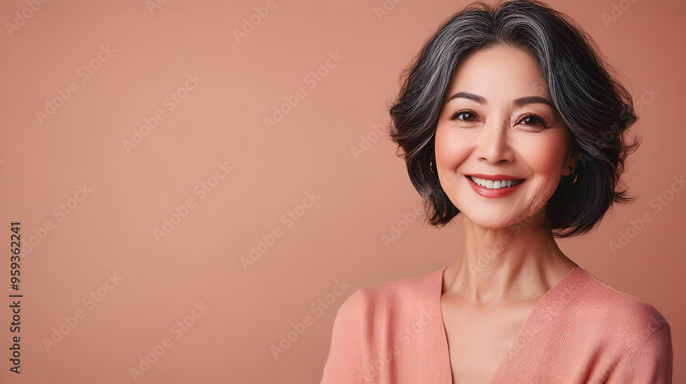 Obraz premium Portrait of a smiling mature woman with grey hair against a peach background.