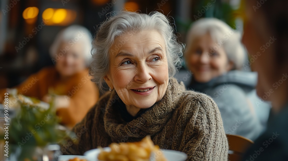 Group of senior friends communicating while eating lunch in nursing home Focus is on happy woman : Generative AI Group of senior friends communicating while eating lunch in nursing home Focus is on happy woman : Generative AI