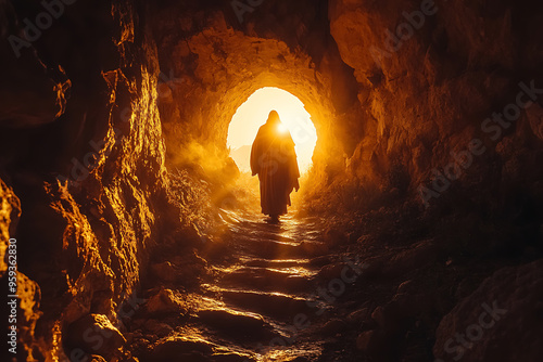 Dramatic silhouette of Jesus walking out of the cave where he was buried, symbolizing resurrection and hope.
