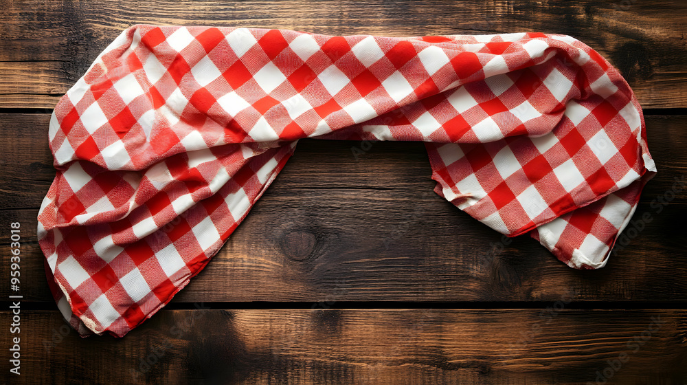 Red and white checkered cloth napkin on a wooden table. Red and white checkered cloth napkin on a wooden table.