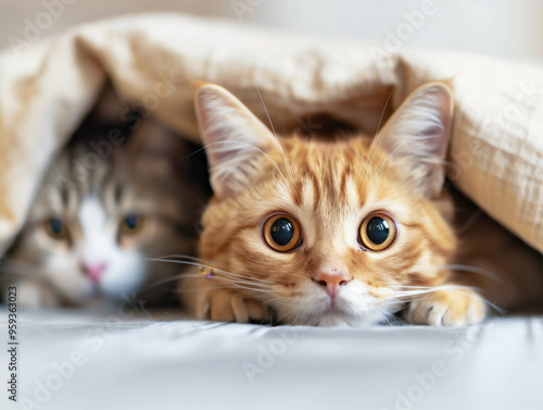 Curious Cats Under Blanket, Domestic Feline Friends photo