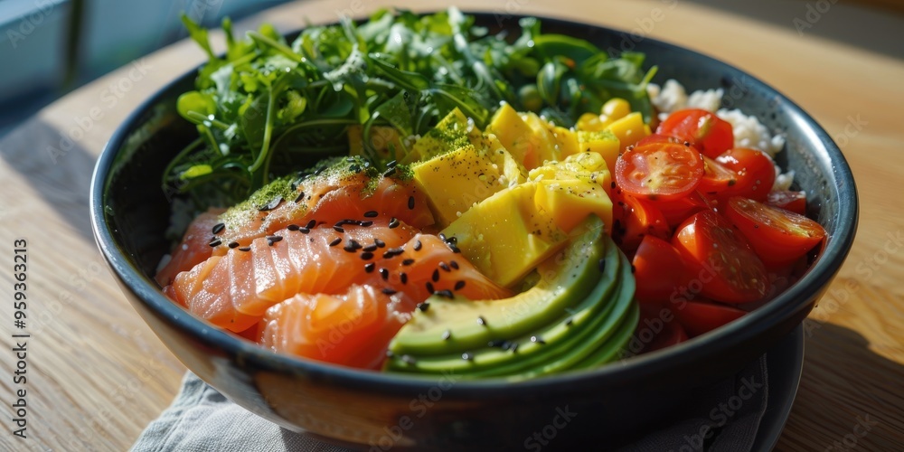 Homemade salmon bowl with avocado highlights Homemade salmon bowl with avocado highlights