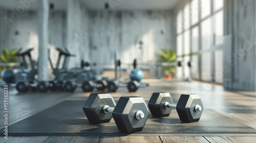 Two Dumbbells on a Black Mat in a Modern Gym