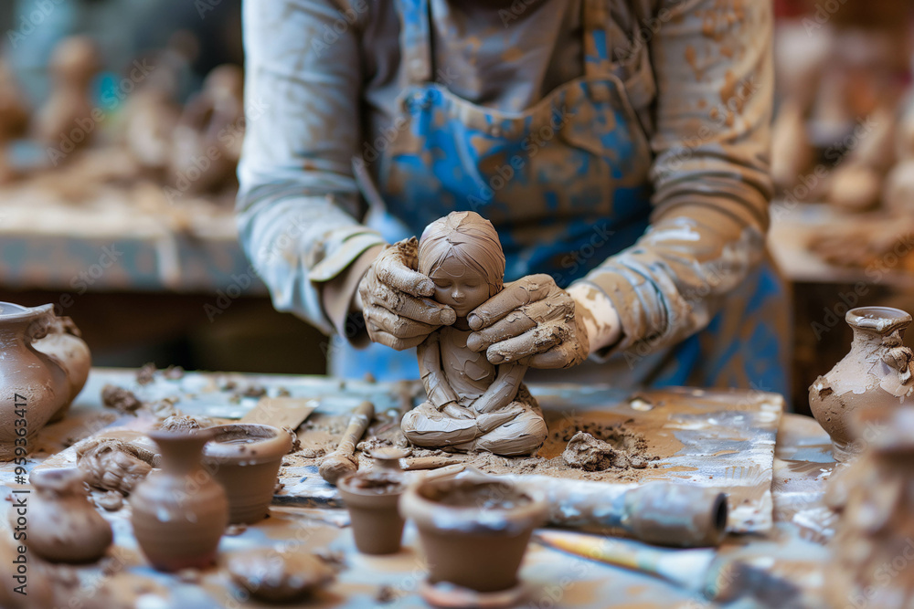 Craftsman Shaping Clay into Detailed Sculpture Craftsman Shaping Clay into Detailed Sculpture
