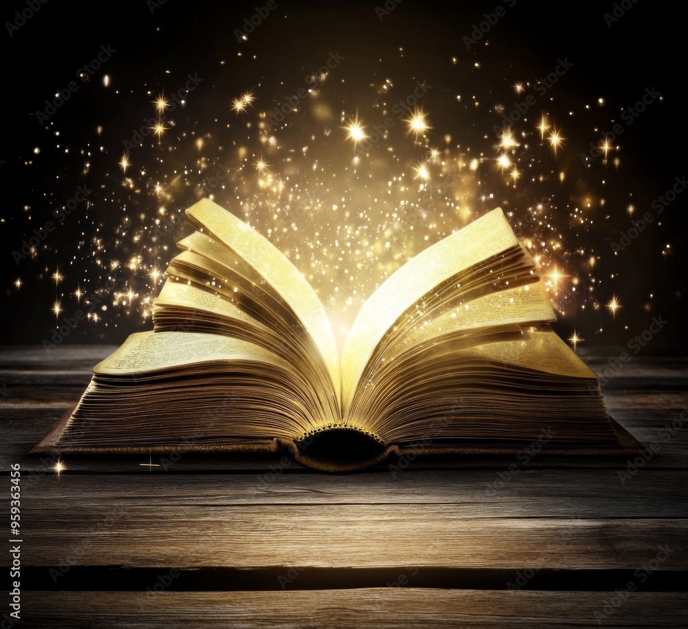 Magical Open Book with Glowing Pages Casting Sparkles on Wooden Table, Illuminating a Dark Fantasy-Themed Scene Magical Open Book with Glowing Pages Casting Sparkles on Wooden Table, Illuminating a Dark Fantasy-Themed Scene