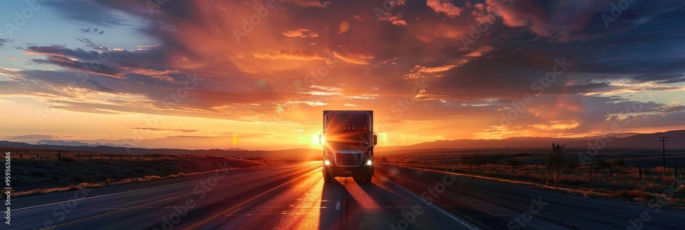 Fotografie Truck navigating the highway at sunset