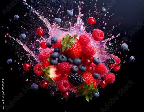 A colorful explosion of fruit juices from a mix of berries, captured as if in a slow-motion photo