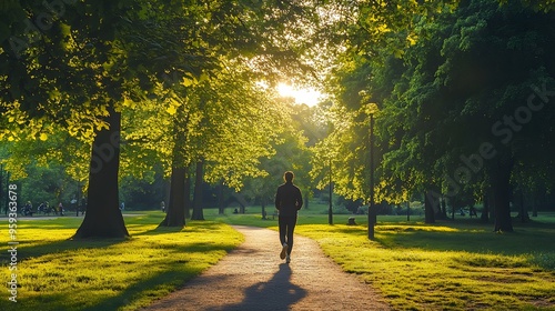 A person taking a mindful walk through a park, enjoying the sights and sounds of nature #959363678