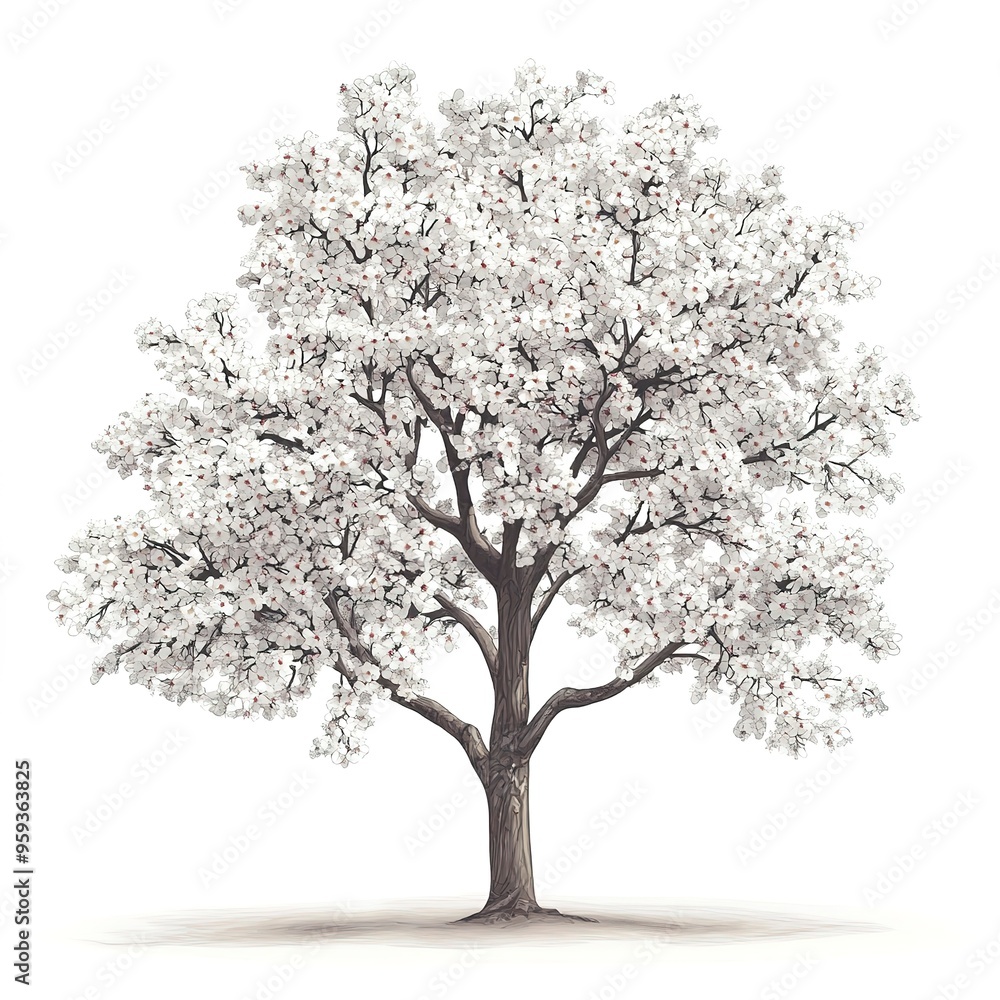 Obraz premium Vector illustration of a cherry tree on a white background. Suitable for crafting and digital design projects.[ --v 6.1 Job ID: ecaf7eff-69ee-4cb9-8bb7-44d7961bd975