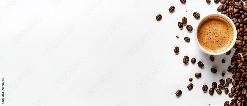 White background with coffee beans and a cup of espresso, flat lay design with copy space. White background with coffee beans and a cup of espresso, flat lay design with copy space.
