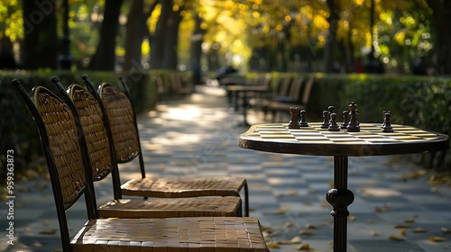 Spain madrid empty chairs in front of outdoor chess tables in el retiro park : Generative AI