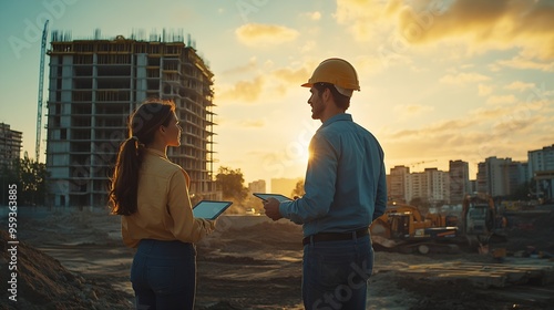 Cinematic Golden Hour Shot Of Construction Site Caucasian Male Civil Engineer And Hispanic Female Urban Planner Talking Using Tablet Trucks Excavators Loaders Working To Build New Apar : Generative AI photo