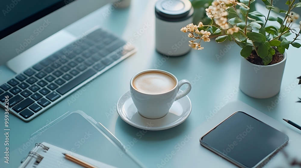 Top view of computer desk with keyboard smartphone stationery and coffee cup clipping path : Generative AI Top view of computer desk with keyboard smartphone stationery and coffee cup clipping path : Generative AI