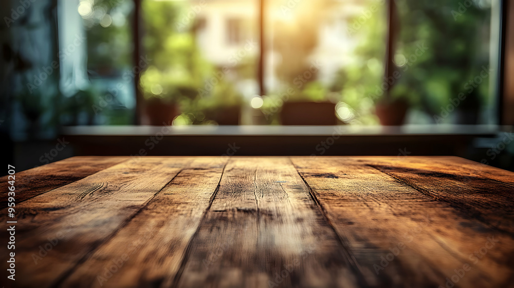 Rustic wooden table top with a blurred background of a window with sunlight. Rustic wooden table top with a blurred background of a window with sunlight.