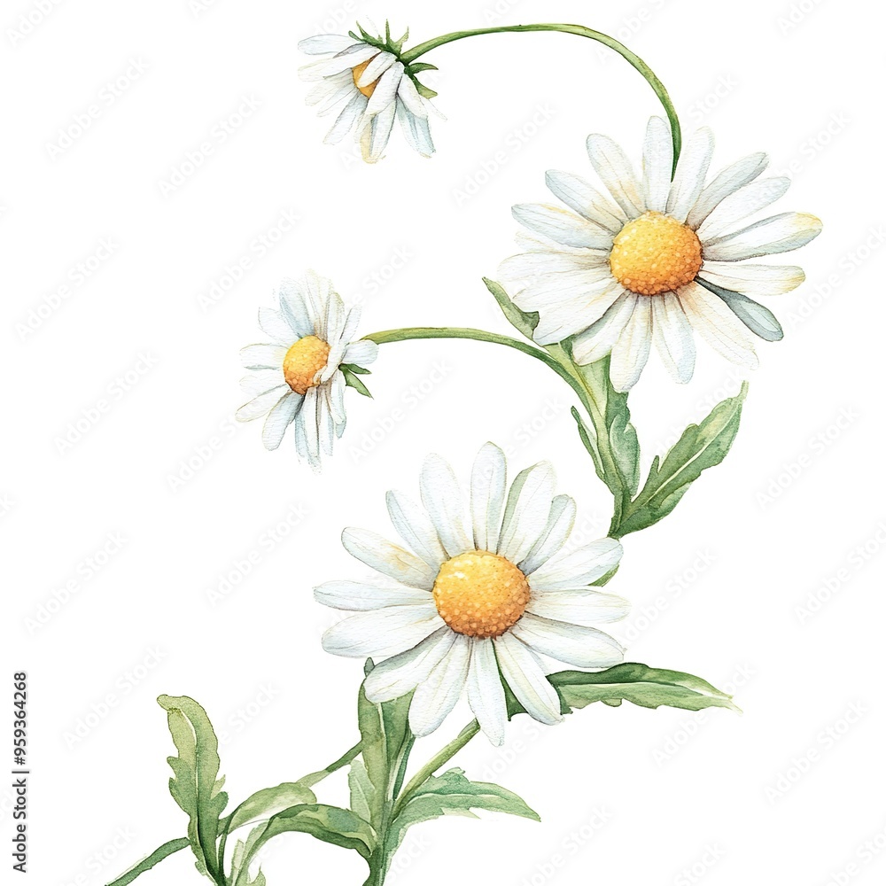 Fototapeta premium A watercolor clipart of a daisy chain, with white petals and yellow centers linked by green stems