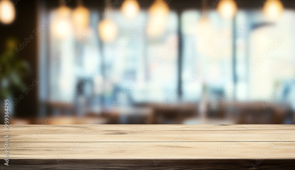 Empty wooden table top with blurred background for product display in a dining or coffee shop interior. Empty wooden table top with blurred background for product display in a dining or coffee shop interior.