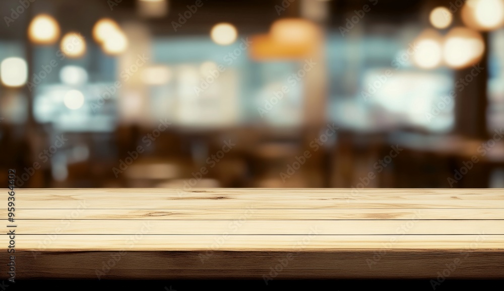 Empty wooden table top with blurred background for product display in a dining or coffee shop interior.