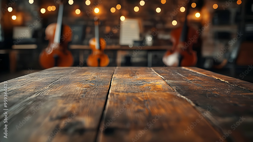 Rustic wooden table with blurred background of cellos and string lights. Rustic wooden table with blurred background of cellos and string lights.