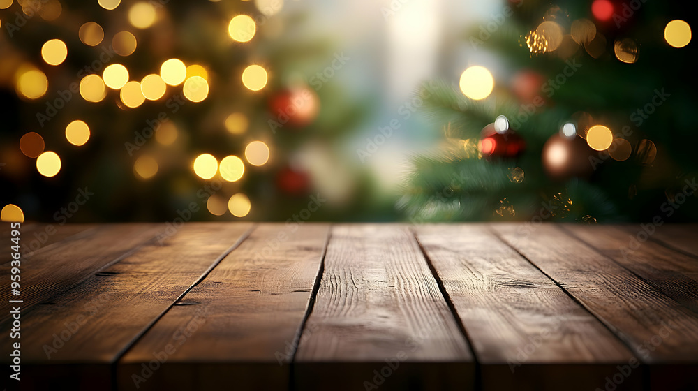 Rustic wooden table with blurred Christmas tree lights in background. Rustic wooden table with blurred Christmas tree lights in background.