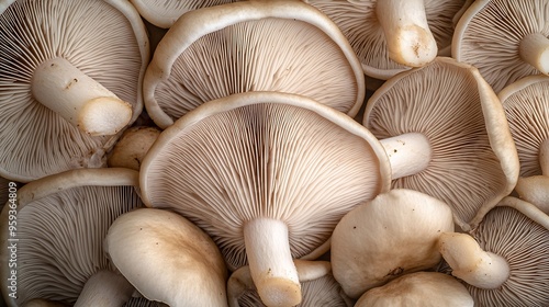 Oyster mushroom pattern copy space for design and decoration Meat substitute vegetarian eco food Growing mushrooms macro Edible mushrooms texture A bunch of mushrooms is growing : Generative AI photo