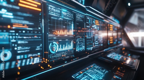 A digital dashboard in a freight company headquarters, where blockchain technology ensures secure, transparent transactions, and AI algorithms optimize routes and schedules