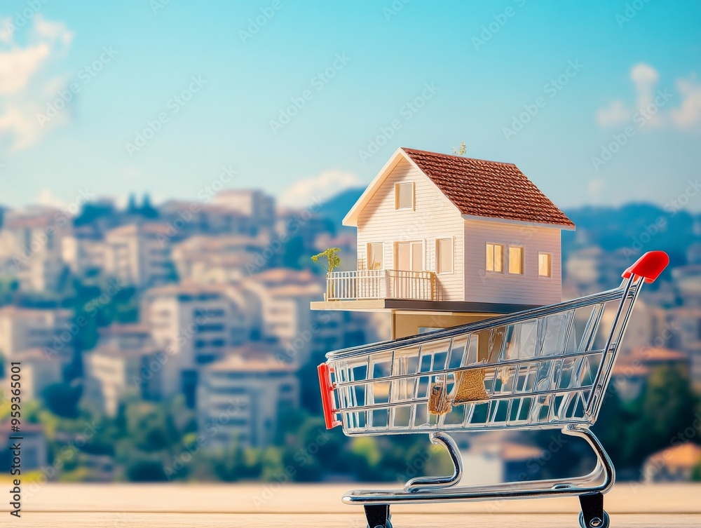 Shopping cart with a house model against a cityscape background, symbolizing real estate and property investment. High-resolution stock photo with copy space on the left side of the frame. Shopping cart with a house model against a cityscape background, symbolizing real estate and property investment. High-resolution stock photo with copy space on the left side of the frame.