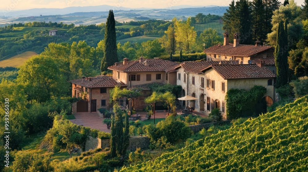 A luxurious culinary tour through a picturesque vineyard in Tuscany, where travelers participate in wine tasting and learn about traditional Italian cooking in a rustic, scenic setting A luxurious culinary tour through a picturesque vineyard in Tuscany, where travelers participate in wine tasting and learn about traditional Italian cooking in a rustic, scenic setting