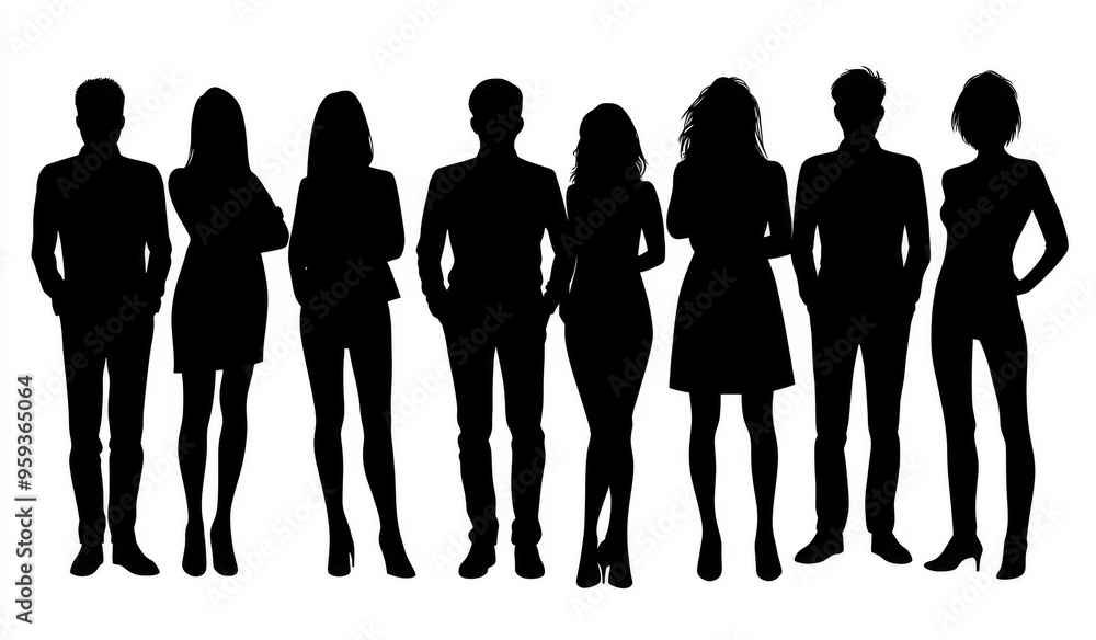 Silhouette of a diverse group of people standing together, including both male and female figures, in a black vector illustration on a white background. Ideal for representing a business team or group Silhouette of a diverse group of people standing together, including both male and female figures, in a black vector illustration on a white background. Ideal for representing a business team or group