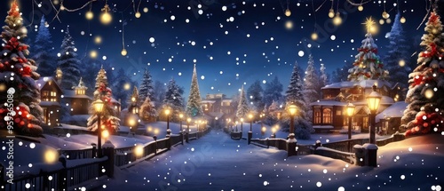 A snowy winter night in a village with illuminated Christmas trees, houses, and street lights, snowfall, and a wooden bridge.