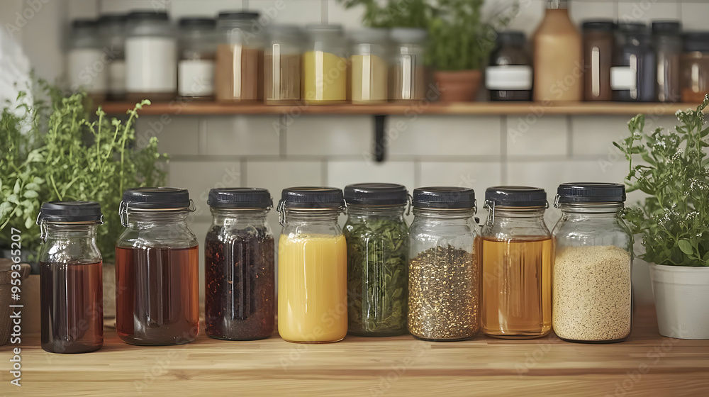 Seven glass jars with black lids filled with different types of liquids and grains, on a wooden table. Seven glass jars with black lids filled with different types of liquids and grains, on a wooden table.