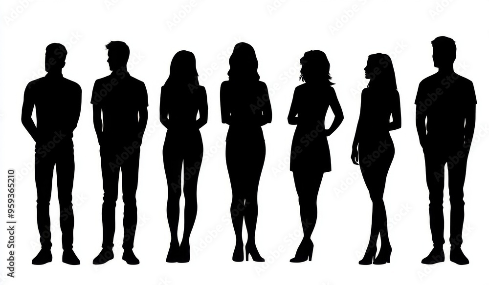 Silhouette of a diverse group of people standing together, including both male and female figures, in a black vector illustration on a white background. Ideal for representing a business team or group Silhouette of a diverse group of people standing together, including both male and female figures, in a black vector illustration on a white background. Ideal for representing a business team or group