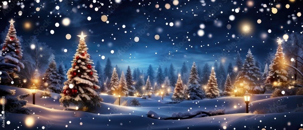 Obraz premium A snowy winter night with a snow-covered forest, sparkling lights, and a glowing moon.