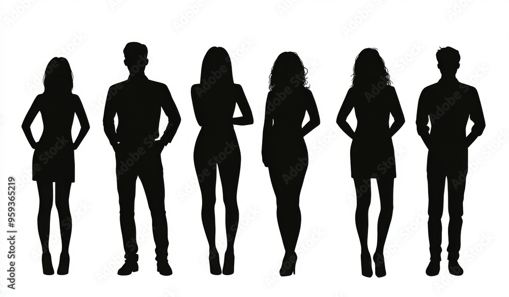 Silhouette of a diverse group of people standing together, including both male and female figures, in a black vector illustration on a white background. Ideal for representing a business team or group Silhouette of a diverse group of people standing together, including both male and female figures, in a black vector illustration on a white background. Ideal for representing a business team or group