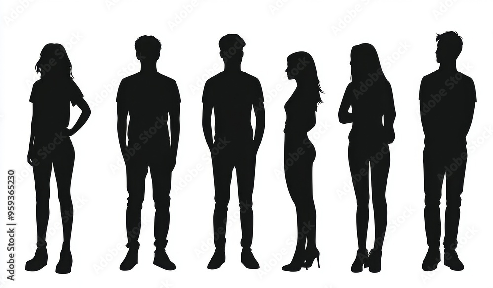 Silhouette of a diverse group of people standing together, including both male and female figures, in a black vector illustration on a white background. Ideal for representing a business team or group Silhouette of a diverse group of people standing together, including both male and female figures, in a black vector illustration on a white background. Ideal for representing a business team or group
