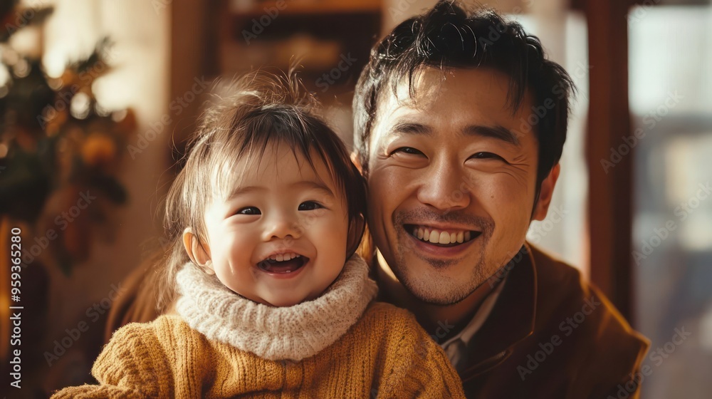 Portrait of Asian child and father happily looking at camera in warm home. Portrait of Asian child and father happily looking at camera in warm home.