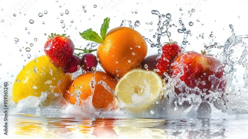 various fruits falling from a height, splashing into water, with fresh detail, isolated on a white background