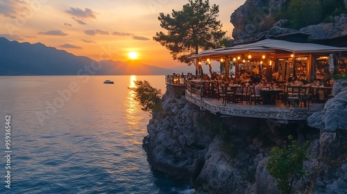 the restaurant at the cliffs looking out over the ocean of Fethiye Faralya coast Fethiye Turkey during sunset : Generative AI photo