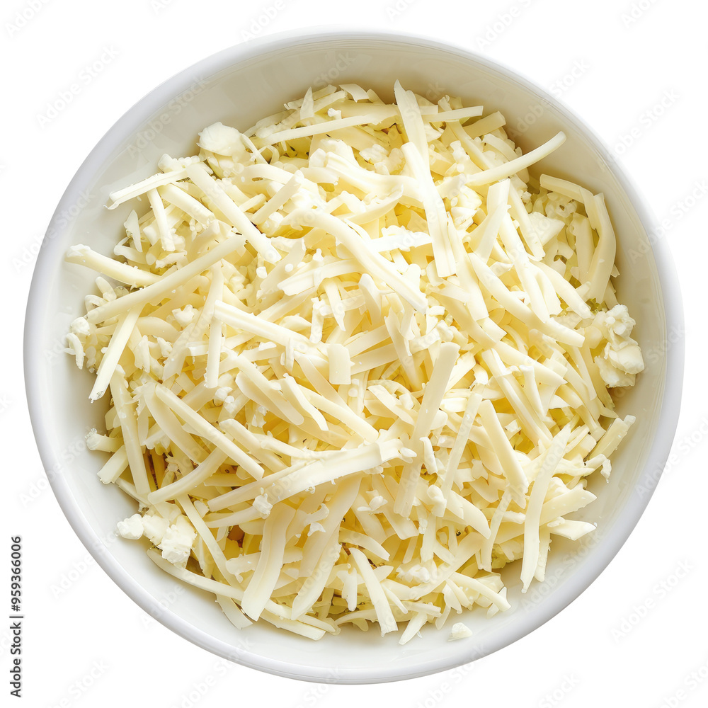 Mozzarella cheese shredded in a white bowl top view isolated on transparent white background, clipping path Mozzarella cheese shredded in a white bowl top view isolated on transparent white background, clipping path