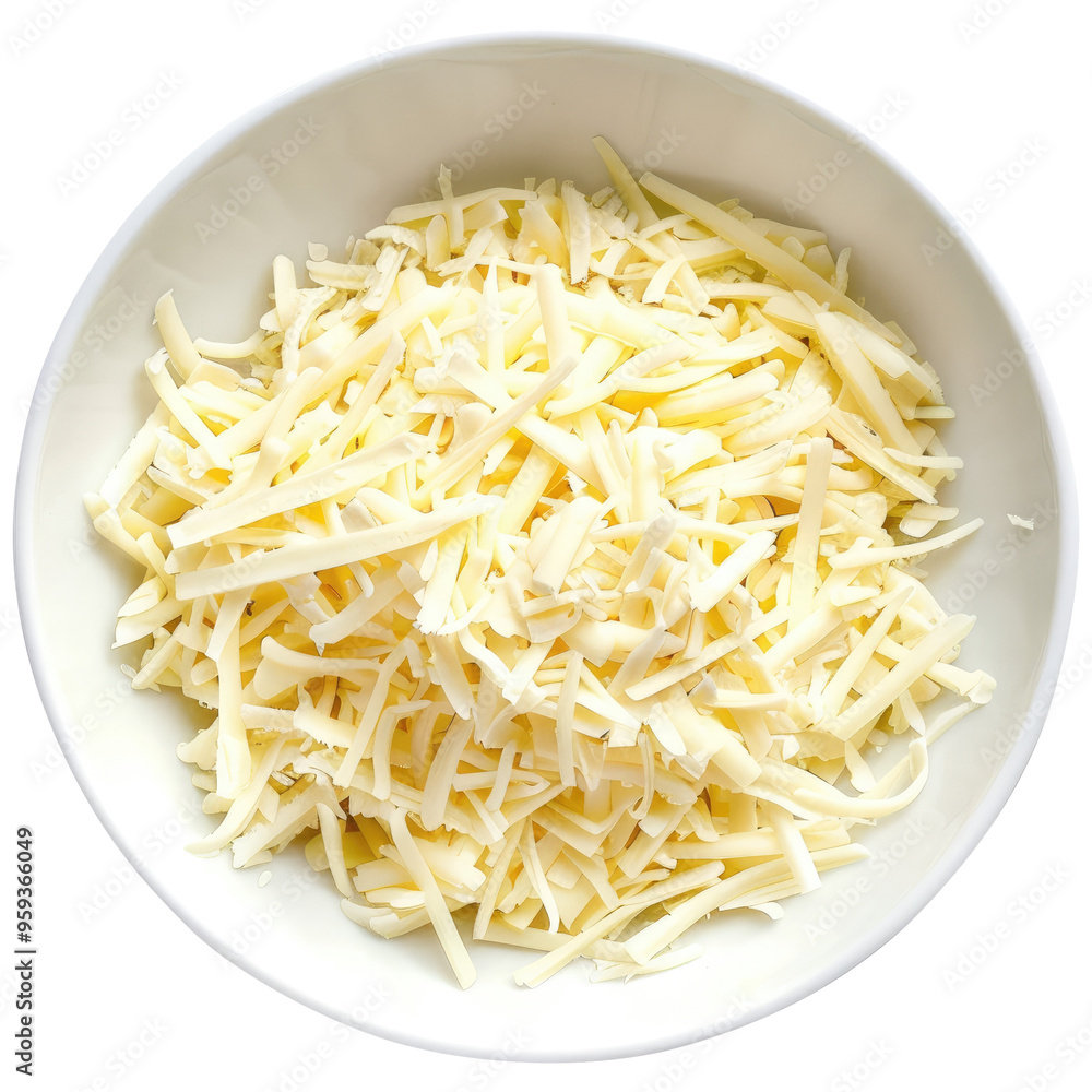 Mozzarella cheese shredded in a white bowl top view isolated on transparent white background, clipping path Mozzarella cheese shredded in a white bowl top view isolated on transparent white background, clipping path