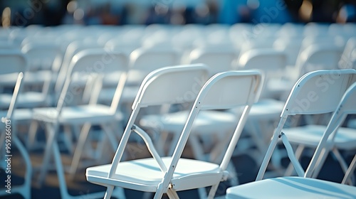 rows of white empty chairs outdoors preparation of international event celebration on blurred background : Generative AI photo