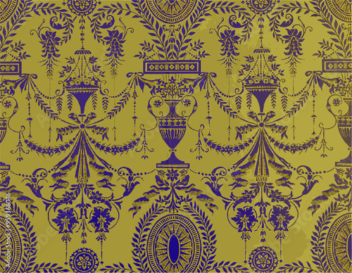 Pattern of purple floral and foliate designs on a yellow-green background, evoking classic elegance and vintage charm.