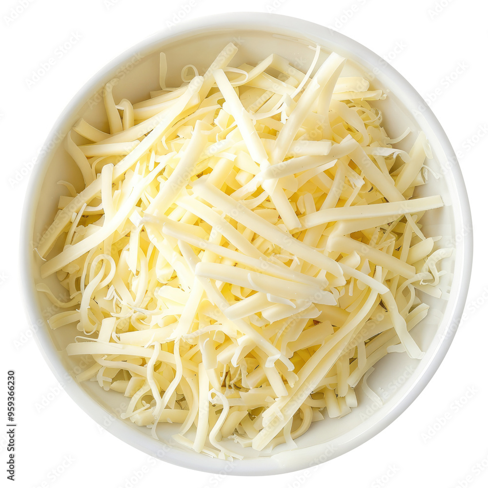 Mozzarella cheese shredded in a white bowl top view isolated on transparent white background, clipping path Mozzarella cheese shredded in a white bowl top view isolated on transparent white background, clipping path
