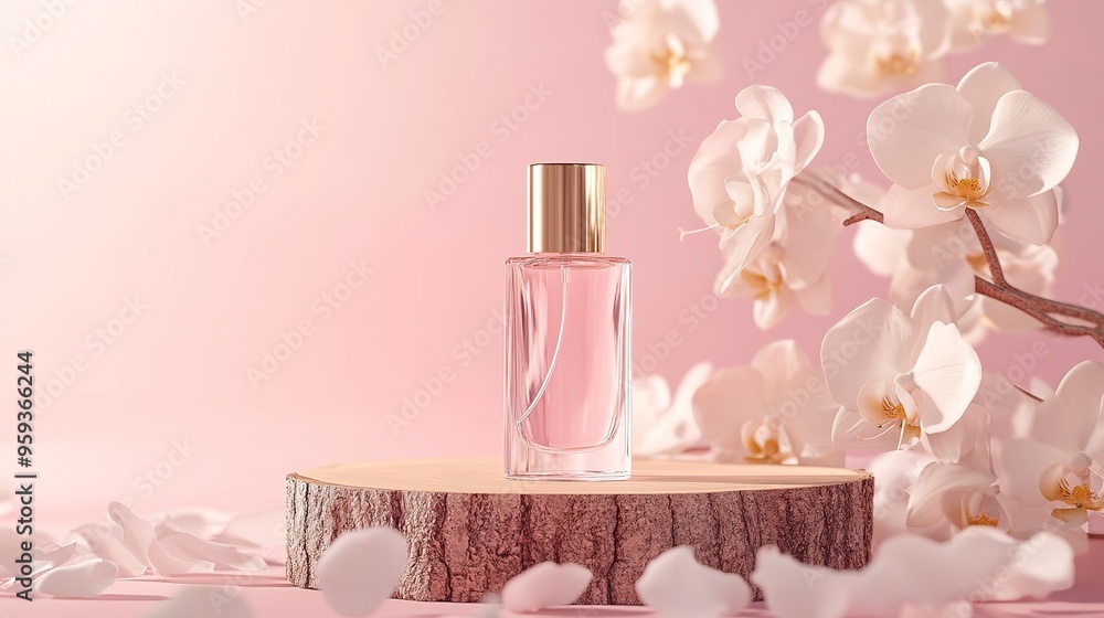 Glass cosmetic bottle on textured tree bark podium with white orchid flowers on pastel pink background Glass cosmetic bottle on textured tree bark podium with white orchid flowers on pastel pink background