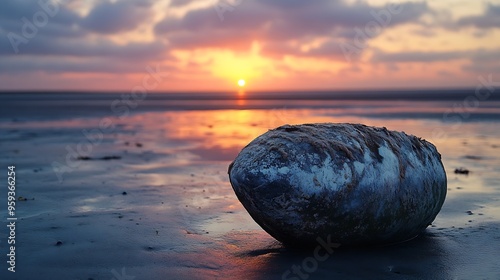 Germany SchleswigHolstein St PeterOrding Bouy lying on empty beach at dusk : Generative AI photo